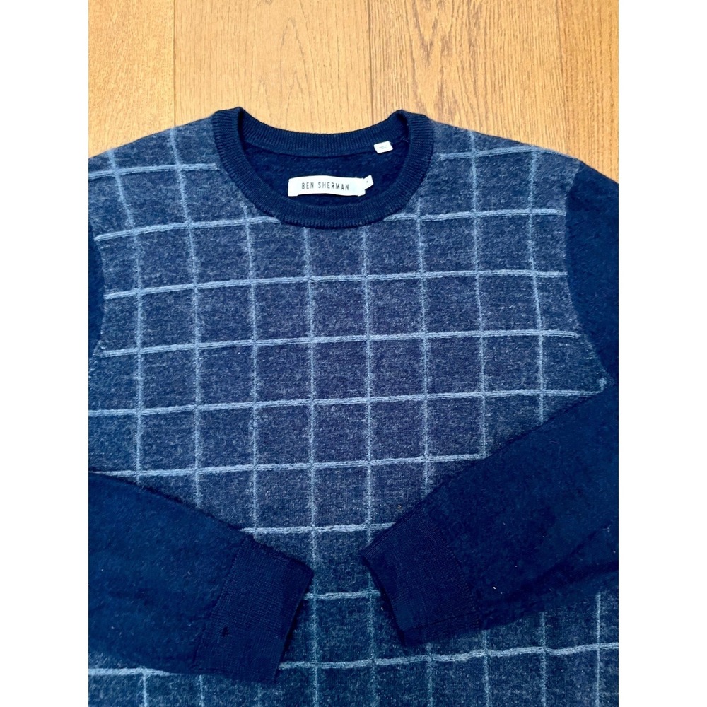 Ben Sherman Men M 100% Wool Crewneck Sweater Blue Grid Union Jack British Mod M
